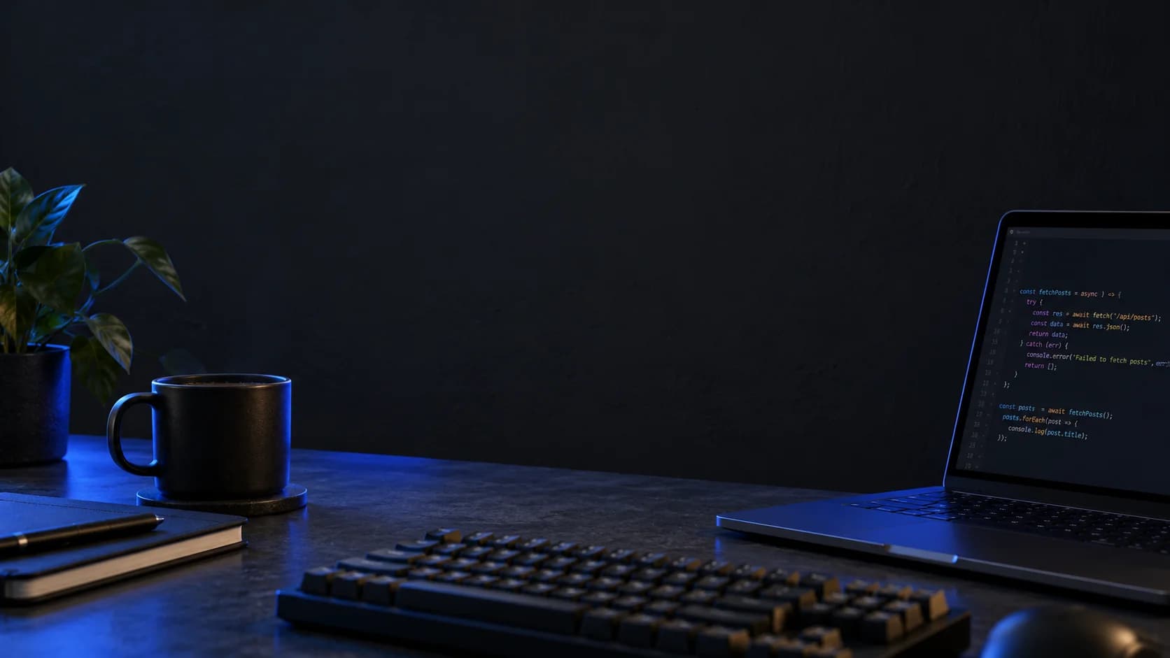 Meja belajar dengan laptop, catatan, dan cahaya blurple